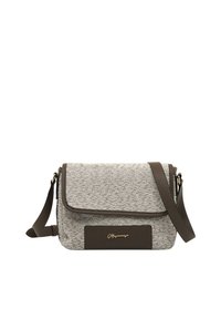 Borsa a tracolla in tessuto grigio testurizzato con dettagli in pelle marrone, dotata di chiusura a pattina e tracolla regolabile. Logo del marchio stampato sul davanti.