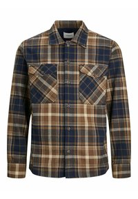 Camisa a cuadros en tonos azul marino, marrón y beige. Hecha de algodón, cuenta con dos bolsillos en el pecho, cierre de botones en el frente y mangas largas con puños abotonados.