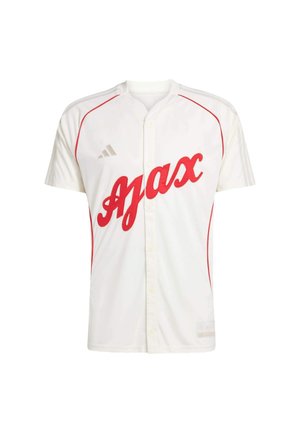Weißes Sporttrikot mit rotem "Ajax"-Schriftzug auf der Vorderseite, in Knopfleistenstil, rote Einfassung an Schultern und Seiten sowie Adidas-Logo auf der Brust.