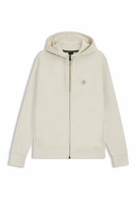 Ljusbeige zip-up hoodie med huva, framfickor och en broderad hexagonlogotyp på vänster bröst. Slät tygtextur.