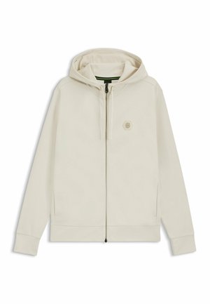 Light beige zip-up hoodie with a hood, front pockets, and an embroidered hexagon logo on the left chest. Smooth fabric texture.