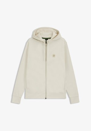 Hellbeige Zip-Hoodie mit Kapuze, Fronttaschen und einem gestickten Hexagon-Logo auf der linken Brust. Glatte Stoffoberfläche.