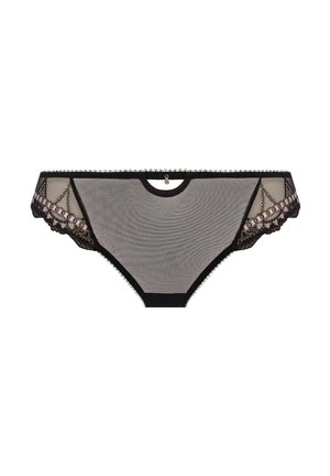 Zwarte kanten netpanty met een decoratieve golvende rand, roze accenten en een klein zilveren detail aan de voorkant. Zachte, doorschijnende textuur.