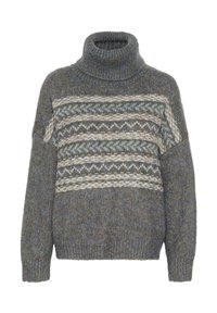 Pulover tricotat cu guler înalt, din lână gri-albastră, având un model geometric în tonuri mai deschise pe piept și o finisare texturată.