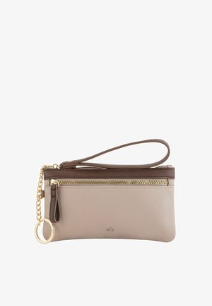 Nahkaista clutch-laukua vaalean bége värissä, jossa tummempia ruskeita yksityiskohtia. Kultainen vetoketjusuljenta, käsikahva ja ketjuyksityiskohta. Sileä pinta.