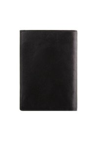 Quaderno in pelle nera con una superficie liscia e angoli arrotondati. Presenta cuciture lungo i bordi per una maggiore durabilità.