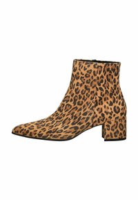 Botte pour femme à hauteur de cheville avec imprimé l�éopard, bout pointu et talon bloc dans des tons marron et noir.