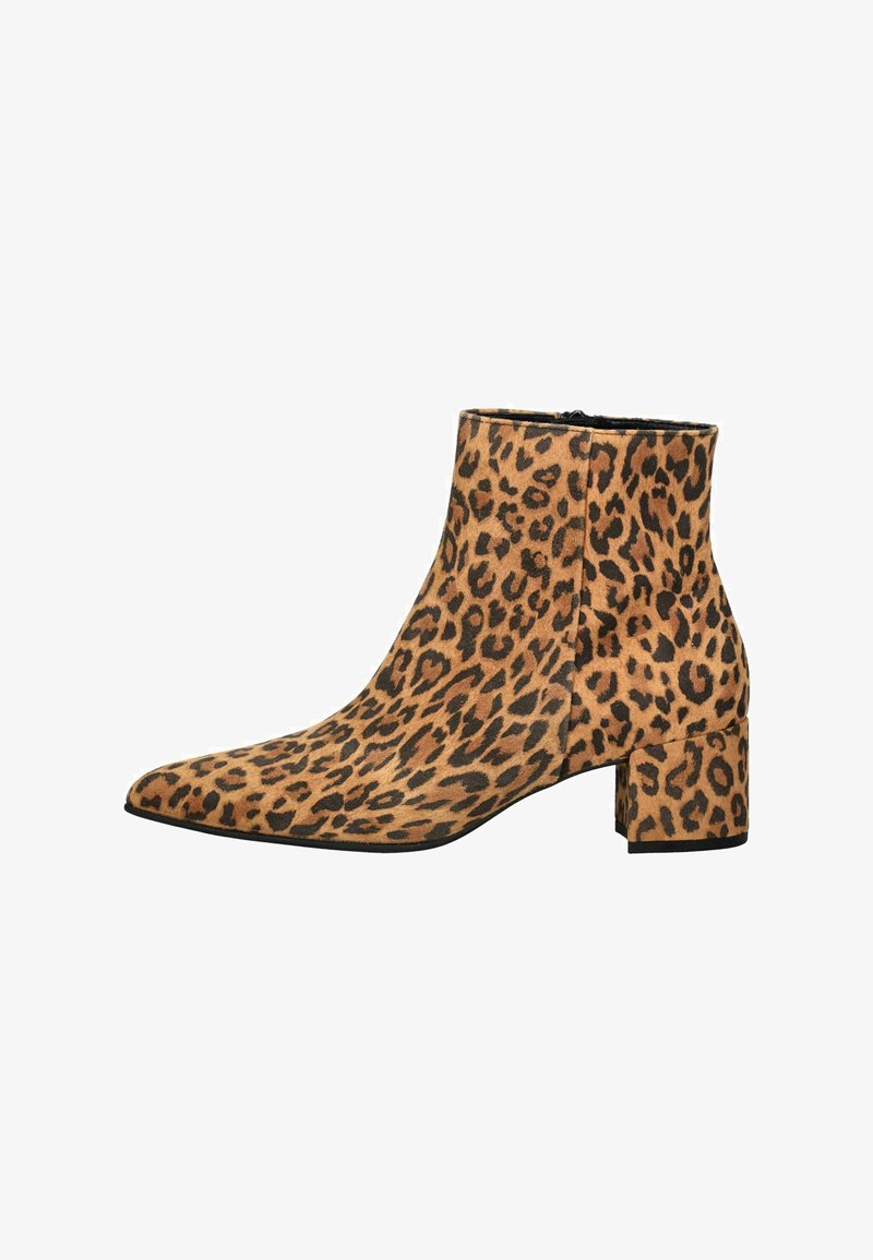 Botte pour femme à hauteur de cheville avec imprimé léopard, bout pointu et talon bloc dans des tons marron et noir.