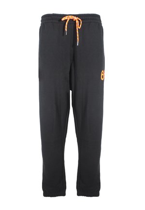 Pantaloni sportivi neri con vita elastica, coulisse arancione e dettagli del logo arancioni. Polsini alla caviglia. Tessuto di morbida consistenza.