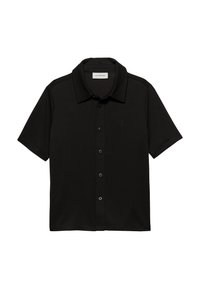 Polo shirt nero a maniche corte con collo e chiusura frontale a bottoni. Presenta un logo ricamato sottile sul lato sinistro del petto.