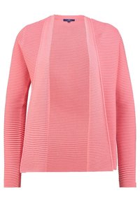 Różowy sweter robiony na drutach z prążkowaną fakturą, z otwartym przodem, długimi rękawami i luźnym krojem.