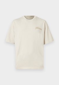 Κρεμ βαμβακερό t-shirt με στρογγυλή λαιμόκοψη και κοντά μανίκια. Διαθέτει ένα διακριτικό μπεζ λογότυπο "AllSaints" στην αριστερή πλευρά του στήθους. Απλός σχεδιασμός.