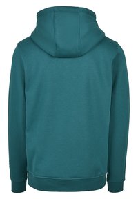 Sudadera con capucha azul verdosa con capucha forrada, mangas largas y puños y dobladillo acanalados. Tejido suave, textura lisa, con un diseño minimalista.