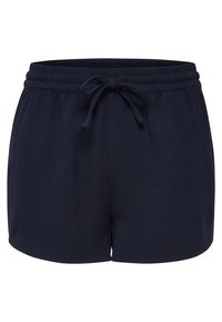 Námořnické modré šortky vyrobené z měkké tkaniny, s elastickým pasem a šňůrkou na stažení. Mají volný střih a jemnou texturu.
