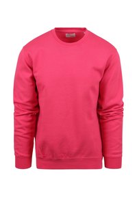 Fleece crewneck sweatshirt in levendig roze. Heeft lange mouwen, ribbel manchetten en zoom, en een gladde textuur. Eenvoudig, ongecompliceerd ontwerp.