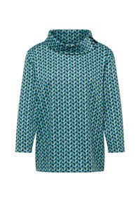 Gemustertes Oberteil mit Wasserfallausschnitt, aus weichem Stoff mit geometrischem blau-grünem Design. Lange Ärmel, lockere Passform und ohne Verschlüsse.