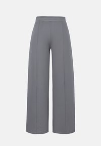 Pantalon gris à jambes larges avec une taille haute et des coutures verticales, présenté à plat sur un fond blanc.