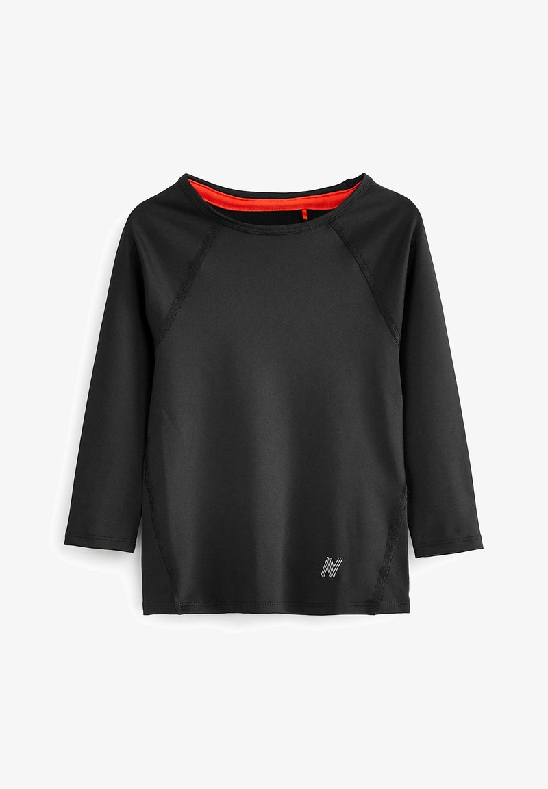 Czarna, długosleeveowa odzież sportowa z okrągłym dekoltem, rękawami raglanowymi i kontrastowym czerwonym wnętrzem kołnierza. Zawiera subtelny detal z logo.