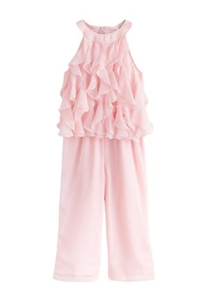 Tuta senza maniche rosa chiaro con top a volant sovrapposti e pantaloni a gamba larga, progettata per un bambino.