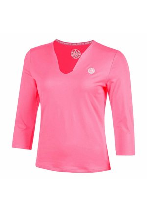 Haut pour femmes rose vif à manches trois-quarts, encolure en V et petit logo circulaire sur la poitrine.
