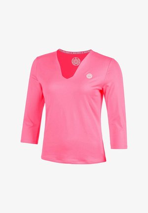 Haut pour femmes rose vif à manches trois-quarts, encolure en V et petit logo circulaire sur la poitrine.