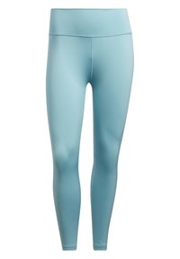 Leggings azzurri chiari realizzati in materiale elasticizzato con una texture liscia. Design a vita alta e forma aderente. Nessun motivo o accessorio visibile.
