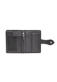 Portafoglio in pelle nera con una finitura texturizzata, dotato di un compartimento con zip, diversi scomparti per carte e una tracolla per una facile maneggevolezza.