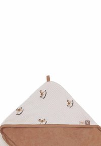 Serviette en coton pour bébé avec un haut à rayures crème et des motifs de cheval à bascule, et un dessous en éponge marron doux. Comprend une boucle pour accrocher.
