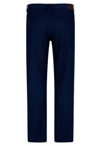 Dark blue straight-leg jeans shown from the back with two rear pockets and belt loops.