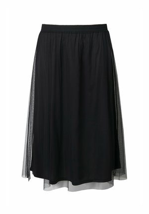 Gonna nera a strati con sovrapposizione in tulle trasparente, vita elasticizzata e silhouette fluente con una fodera interna liscia.