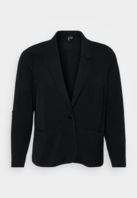 Blazer noir en tissu texturé, avec un col cranté, une fermeture à un bouton et deux poches avant. Coupe décontractée avec manches longues.