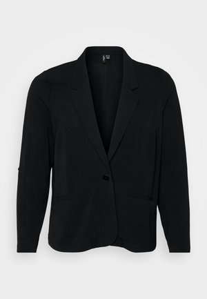 Black blazer made from textured fabric, featuring a notched lapel, single button closure, and two front pockets. Relaxed fit with long sleeves.