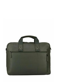 Olivgrüne Lederaktentasche mit zwei oberen Griffen, Reißverschlussfächern und einer Vordertasche. Glatte Textur mit minimalistischem Design.