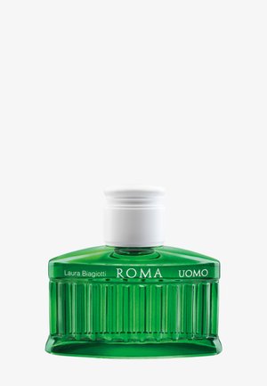 Green ridged glass bottle with white cap labeled "Laura Biagiotti ROMA UOMO" for men's fragrance.