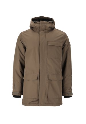 Brown padded jacket with a high collar, adjustable hood, two front pockets, and one chest pocket; features elastic cuffs and branding on the sleeve.