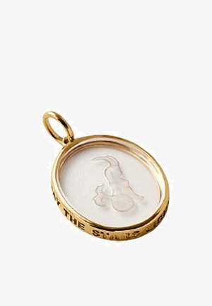 Colgante redondo de oro con centro claro que presenta una figura translúcida de escorpión y texto grabado a lo largo del borde.