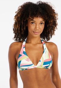Pestrý trojuholníkový bikiny top s dizajnom za krk. Obsahuje kombináciu geometrických vzorov v ružovej, modrej, zelenej a bielej farbe.