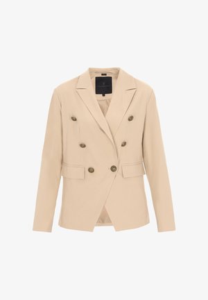 Beige dubbelgeknoopt colbert met een gladde textuur, knopen in goudkleur, twee zijzakken en een reverskraag.