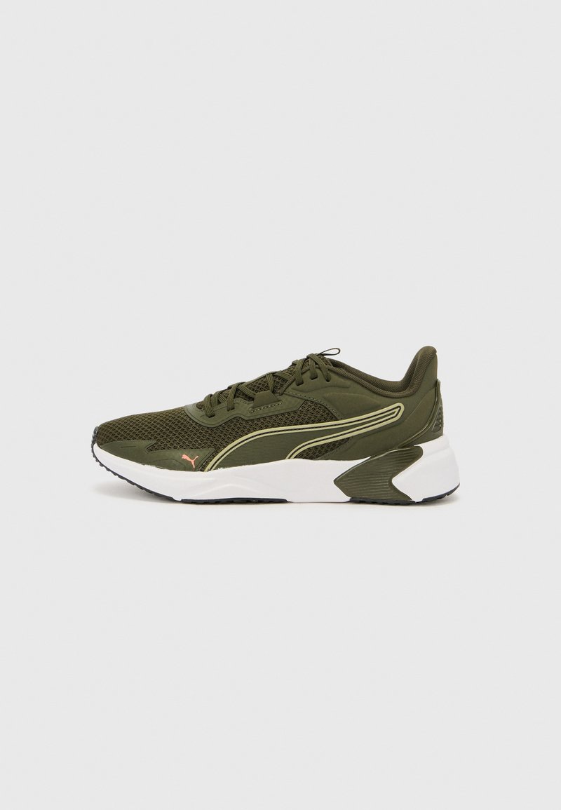 Green mesh athletic shoe with white lightweight sole, featuring a textured pattern and subtle yellow accents. Red logo near the toe.