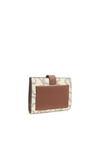 Leather wallet with a beige and black abstract pattern, brown textured panel, fold-over closure, and compact rectangular shape.