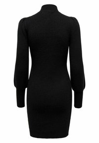 Robe noire en maille côtelée à manches longues avec col roulé et épaules légèrement bouffantes, silhouette ajustée, vue de dos.