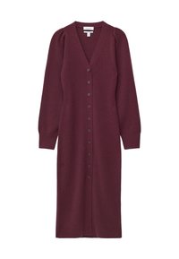 Bordeauxfarbenes, knielanges Strickkleid mit V-Ausschnitt, langen Ärmeln und Knopfleiste. Mit gerippten Bündchen und taillierter Passform.