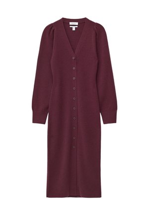 Maroons knee-length knitted dress with a V-neck, long sleeves, and button front. Features ribbed cuffs and a fitted waist.
