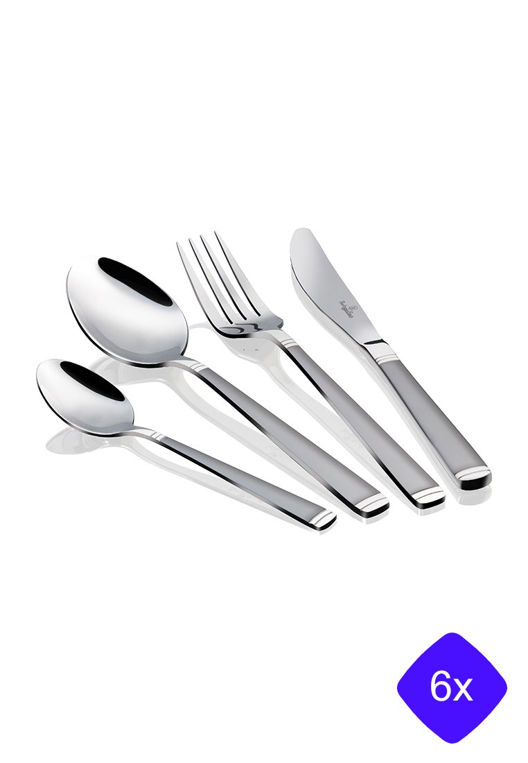 Set van zes roestvrijstalen bestek: twee lepels, een vork en een mes. Beschikt over een gepolijste afwerking en een strakke, minimalistische vormgeving.