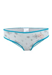 Mutandine per bambini di colore azzurro chiaro con rifiniture turchesi, decorate con fiocchi di neve e un personaggio che somiglia a Elsa del film Disney Frozen.