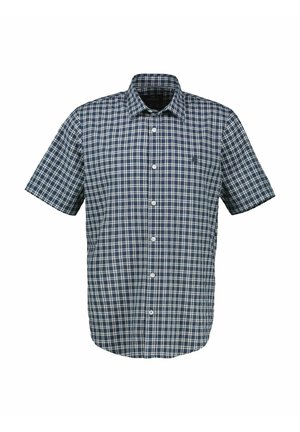 Chemise à manches courtes bleu marine et blanche, boutonnée, avec un motif à carreaux et un col classique.