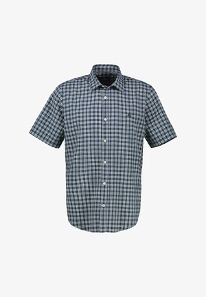 Chemise à manches courtes bleu marine et blanche, boutonnée, avec un motif à carreaux et un col classique.