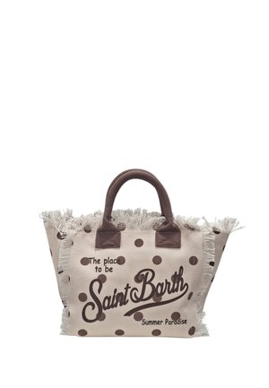 Borsa tote in tela beige con pois marroni, bordi sfrangiati, manici marroni e testo "The place to be Saint Barth Summer Paradise."