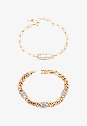 Twee gouden kettingarmbanden, één met een dunne schakel en een met diamanten bezette ovale centerpiece, de ander met dikke schakels en drie met diamanten bezette ovale schakels.