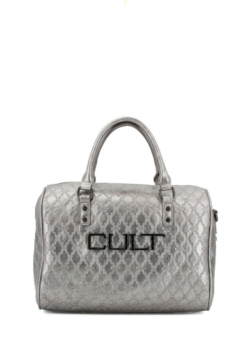 Borsa a tracolla argentata con un motivo a rombi, caratterizzata da branding "CULT" in nero e hardware nero. Manici arrotondati e chiusura con zip.